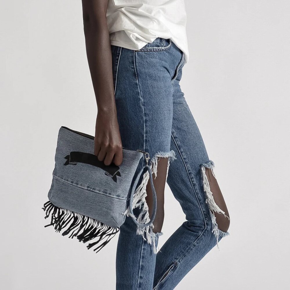 ONE TEASPOON WESTERN VINT DENIM CLUTCH WITH FRINGE WRISTLET STRAP